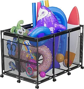 POOLHOUR Pool Float Storage  XXL Large Outdoor Pool Toy Storage Organizer for Pool Noodles, Toys, Floats, Balls,Equipment, Mesh Rolling Storage Organizer Bin, Black
