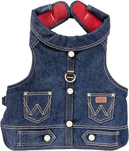 Wrangler Rope Denim Dog Vest Harness  Breathable Dog Vest with Mesh Lining - Machine Washable Dog Winter Jacket for Easy Cleaning, Layer Over Dog Sweater (Dark Wash, XS)