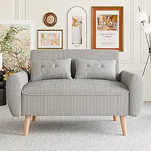 Vongrasig 48" Small Modern Loveseat Sofa, Mid Century Soft Corduroy Fabric 2-Seat Sofa Couch Tufted Love Seat with Back Cushions and Tapered Legs for Living Room, Bedroom and Small Space (Light Gray)