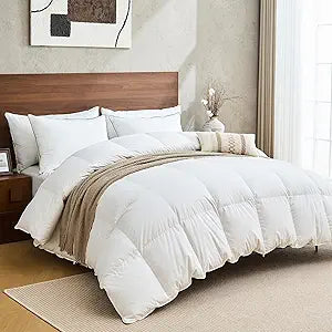 Goose Feather Down Fiber Comforter Full Size, Quill-Free Duvet Insert with Organic Cotton Cover, Baffle Box All-Season Bed Comforter, 82x86 Inches, White