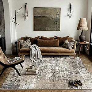 PureCozy 5x7 Abstract Area Rug Brown Washable Non Slip Living Room Carpet Modern Neutral Low Pile Soft Bedroom Throw Rug Contemporary Indoor for Kitchen Office Laundry Dining Room Bathroom