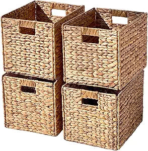 Westerly 4 Decorative Hand-Woven Small Water Hyacinth Wicker Storage Basket, 13x11x11 Perfect for Shelving Units