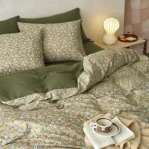 Wake In Cloud - Floral Comforter Set, Cute Vintage Flower Cottagecore Aesthetic for Women Teen Girls, Soft Lightweight Dorm Bedding, 3 Pieces, Olive Green, Full Size