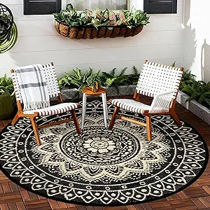 Round Outdoor Rugs for Patios, 6Ft Waterproof Reversible Plastic Straw Mat with Carry Bags, Boho Lightweight Outdoor Carpet Portable Round Floor Mat for Patio Camping Picnic Backyard RV,Black Camel