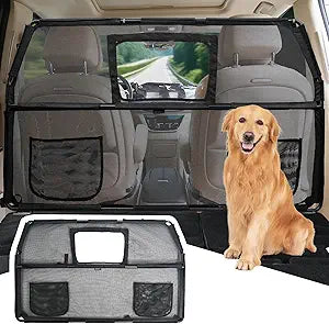 52" Dog Car Barrier for SUV, Wide Escape-Proof & Chew-Proof Dog Car Divider with Removable Visual Window & 2 Storage Pockets, Pet Net Gate for Behind Front Seats, Fits Sedans Cars Trucks