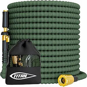 TITAN Flexible Garden Hose 100FT  Ultra Lightweight, Heavy Duty Water Hose with Brass Fittings & Jet Nozzle  Kink-Free, Non-Expanding, Durable Fabric Hose for Yard, Lawn, Car Wash, Outdoor Use