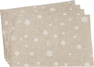 SARO LIFESTYLE 7352.N1319B Snowfall Collection Poly and Linen Blend Christmas Placemats with Snowflake Design (Set of 4), 13" x 19", Natural