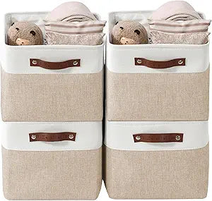 DECOMOMO Storage Bins, Large Fabric Storage Baskets for Shelves, Decorative Linen Closet Organizer, 15 x 11 x 9.5 inches (Beige & White, 4 Pack)