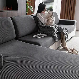 OHSIO Sectional Couch Covers, Wear Resistant Stretch Sofa Covers Washable Soft Couch Cushion Covers Anti Slip Furniture Protector Sofa Slipcovers for Pets(4 Pieces 3 Seaters+1 Chaise, Dark Gray)