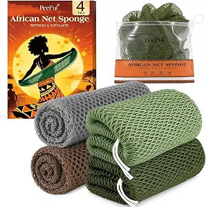 African Net Sponge 4 Pack, Knotted and Knotless Body Scrubbers