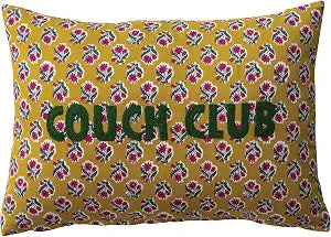 Creative Co-Op Cotton Voile Printed Lumbar Pillow with Floral Pattern and Couch Club Embroidery, Multicolor