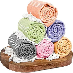 Turkish Beach Towels Set of 6, 40x71 Inches, Oversized, 100% Cotton, Lightweight, Sand Free, Quick Dry, Absorbent, Pool, Spa, Gym & Camping Towels - Multi Bold Colors Pack