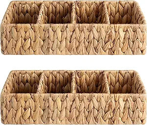 StorageWorks Small Wicker Basket for Organizing with 4-Section, Natural Water Hyacinth Storage Baskets with Dividers for Pantry Shelves, 2-Pack