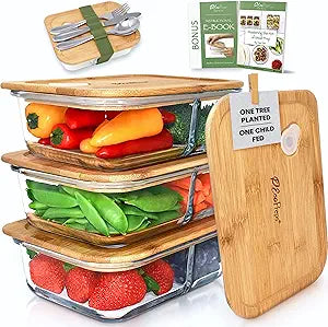 EcoPreps Glass Meal Prep Containers with Bamboo Lids, 2 Compartment Glass Bento Box Container Set (3 Pack) | 100% Plastic Free, Eco-Friendly, Lunch Containers with Lids Made of Bamboo - Set of 3