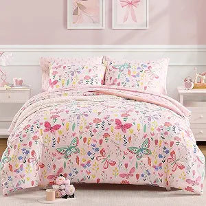 Geniospin Twin Comforter Set for Girls - 5 Pieces Butterfly Pink Bedding Set, Floral Bed in a Bag with Comforter, Sheets, Pillowcase & Sham, All Season Kids Bed Set