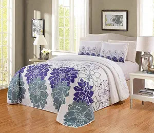 GrandLinen 3-Piece Fine Printed Oversize (100" X 95") Quilt Set Reversible Bedspread Coverlet Queen Size Bed Cover (Dark Purple, White, Grey Floral)