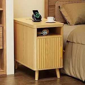 Huuger Narrow End Table with Charging Station, USB-C Port, Fluted Nightstand with Storage Cabinet, Back Rack, Side Table for Small Spaces, 13.4  23.6 Inch Night Stand with Storage, Natural