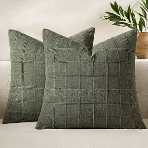 Linen Check Throw Pillow Covers Set of 2 - Olive Green Farmhouse Modern Boho Vintage Decorative Cushion Covers Spring Home Decor for Sofa Couch Bedroom Living Room 22x22 Inch