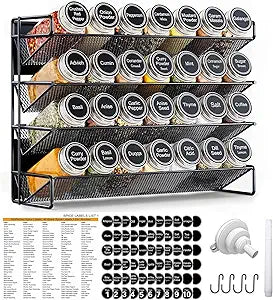 UVIAHOMI Magnetic Spice Rack Organizer for Refrigerator with 28 Spice Jars, 386 Spice Labels, 4 Hook, Chalk Marker and Funnel Set, Magnetic Shelf for Seasoning Organizer, 13.2'' W x 9.8 H, Black