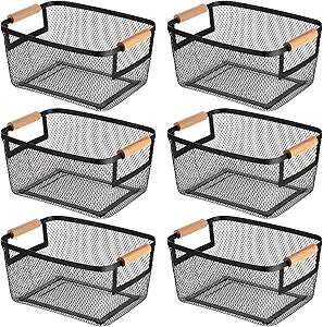 6 Pcs Metal Wire Basket with Wooden Handles, Black Mesh Steel Storage Organizer Bin Containers for Home Organizing Cabinet Pantry Closet Kitchen Fridge Fruit Makeup Snacks