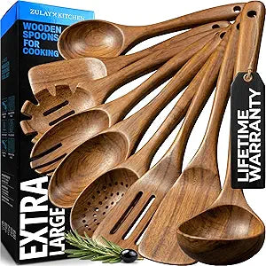 Zulay Kitchen 9-Piece Teak Wood Cooking Utensil Set  Non-Toxic & Non-Stick Safe Wooden Spoons & Kitchen Tools with Comfortable Grip, Smooth Finish Natural Teak  Perfect Kitchen Gift Set