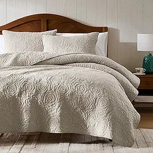 WDCOZY Beige 100% Cotton Quilt Queen Size Bedding Sets with 2 Pillow Shams, Floral Rosette Lightweight Bedspread Soft Farmhouse Patterned Coverlet Quilted Comforter Bed Cover for All Season, 3 Pieces