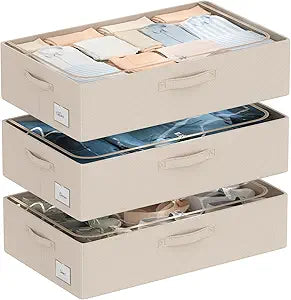 CYhom 3Pcs Under Bed Storage Bins with Metal Frame - Shoe Organizer for Closet with Clear Cover Oxford Fabric Sturdy Underbed Container Foldable Stackable Clothes Organizer (Beige, 23.5x15.7x6.3)