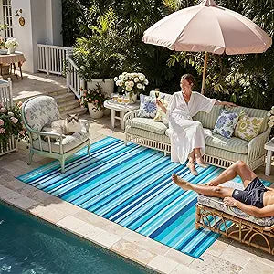 Outdoor Plastic Straw Rug Waterproof Patio 6x9 Blue Teal Stripe Mat for Porch Camping RV Balcony Deck Courtyard Reversible Lightweight Durable Portable Carpet