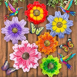 Colingmill 12 Pack Metal Flowers Butterfly Hummingbird Wall Art Decor 3D Metal Outdoor Wall Hanging Sculptures Decoration for Outdoor Garden Fence Yard Patio Indoor Living Room Balcony (Pink)