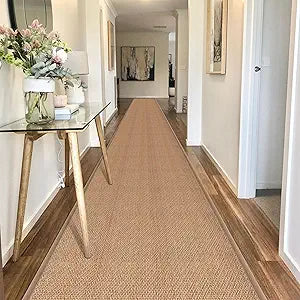 20ft Natural Jute Hallway Runner Rug Non Slip Washable, Rubber Backed Long Khaki Indoor Entryway Runner, Absorbent Kitchen Carpet Sink Rug