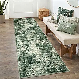 Lansny Abstract 2x6 Runner Rug, Washable Runners for Hallways, Rubber Backed Non-Slip Kitchen Runner Rug, Printed Faux Wool Entryway Runners Indoor, Thin Floor Carpet for Bedroom Hall Entry, Green