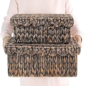 2Pcs Scalloped Wicker Baskets with Lid, Wicker Scalloped Tray & Baskets, Organizing Baskets Boho Style, Large Wicker Storage Baskets for Decor, Living Room, Bathroom, Bedroom