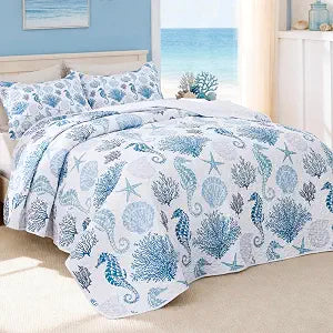 Love's cabin Quilts for Queen Conch Seahorse Bedspreads Bedding Set - Summer Beach Nautical Quilt Lightweight Bedspread - Reversible Bedding Coverlet for All Season - 3 Piece