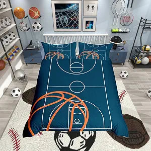 Basketball Court Print Duvet Cover Set Full Size,Basketball Sports Themed Geometric Blue Comforter Cover with 2 Pillowcases,Orange Ball Hand Painting Breathable Bedspread for Boys Teens,Pillow Sham