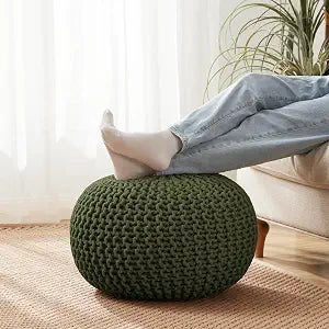 Pouf Ottoman Foot Rest Stuffed  20 Diameter x 14 Tall Cozy Floor Pouf for Living Room, Bedroom, Nursery & More  100% Cotton Knit Shell, EPS Bead Filled Footrest & Accent Chair, Green