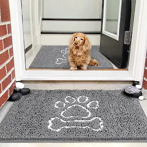 AROGAN Doormat Dog Chenille Doormats Indoor Entrance Grey, Pet Indoor Door Mats Washable for Mud Entry Busy Area Dogs Muddy Pawprints 30x48 Inch