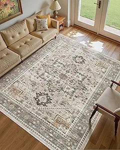 9x12 Vintage Area Rug: Washable Neutral Soft Non Slip Thin Large Floor Carpet for Living Room Bedroom Kitchen Dining Room Home Office Farmhouse Indoor - Taupe