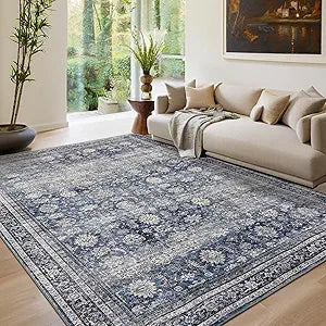 GarveeHome Area Rugs 4x6 Vintage Printed Floor Carpet with Non-Slip Backing, Stain-Resistant Oriental Throw Rugs, Washable Farmhouse Low Pile Rugs for Living Room, Bedroom, Office, Blue