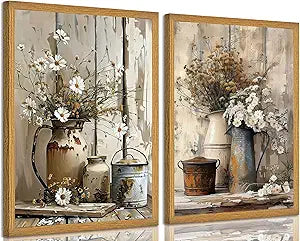 2PCS Framed Rustic Farmhouse Daisy Canvas Wall Art Floral Still Life Painting Picture Wall Decor White Daisy Flower And Rust Color kettle Poster Print Artwork for Living Room Bathroom Home Decoration