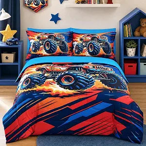 Viviland Kids Bedding Set Twin Size Comforter Sets, Bed in Red Monster Truck Cover Set for Children
