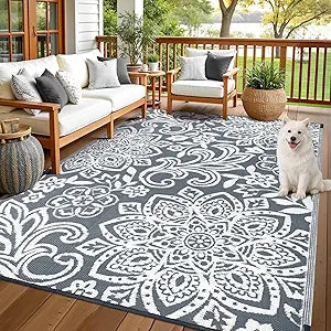 Findosom Waterproof Outdoor Rug 6' x 9' - Reversible Mandala Outdoor Plastic Straw Rug, Durable Foldable Patio Rug for RV, Deck, Balcony, Backyard, Picnic, Porch, Camping, Beach, Gray