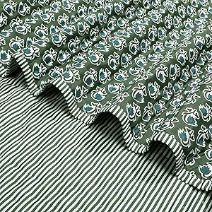 Block Print Quilted Basil Green Throw Reversible Blanket 60 x 90 Inches Cotton Quilt Cotton Bed Cover for Couch and Bed