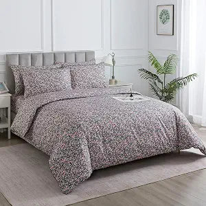 Dark Grey Floral Duvet Cover, Queen 100% Cotton Percale Pink Flower Vintage Pattern Comforter Cover Set, Shabby Chic Soft Toile Bed Cover Set with Ties, Luxury Cottage Zipper Bedding, 3Pcs