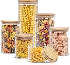 JoyJolt Borosilicate Glass Jars With Bamboo Lids. 6 Pc Set of Air Tight Sealable Containers. Food Jar Canisters with Airtight Lid for Pantry Storage and Kitchen Organization.