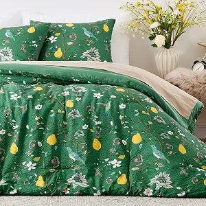 MUSSEL Queen Size Comforter Set 3 Pieces,Green Vintage Botanical Floral Pattern Bedding Comforter Sets,Boho Whimsical Modern Printed Design Cute Seersucker Bedroom Comforter and Shams