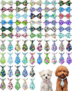 PET SHOW 60 Pack Hawaiian Small Dog Collar Bow Ties and Neck Ties Bulk Puppy Cats Adjustable Summer Floral Bowties for Medium Dogs Hawaii Bowknots Holiday Party Ties Pet Grooming Accessories