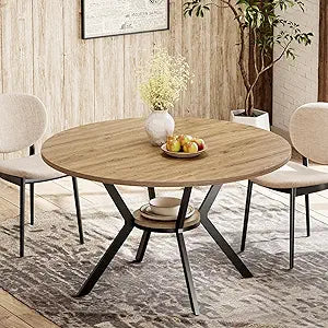MECHYIN 42 Inch Round Dining Table for 24, Farmhouse Round Kitchen Table with Storage Shelf, Pedestal Dining Table, Wood Top & Metal Base, Small Space Table for Apartment, Dining Room