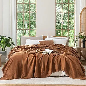 MooMee Muslin Blanket - 100% Cotton 4-Layer Gauze Throw Blanket with All-Around Fringe, Soft Breathable Lightweight Cooling Summer Blankets for Bed Couch (Drak Orange,Oversize Queen 98" x 98")