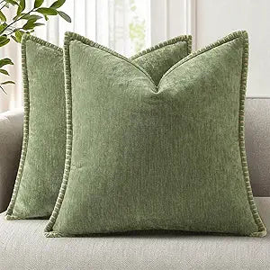 decorUhome Fall Chenille Soft Cozy Throw Pillow Covers 26x26 Set of 2, Modern Farmhouse Boho Velvet Decorative Euro Sham Pillow Cases with Stitched Edge for Couch Sofa Bed Home Decor, Olive Green