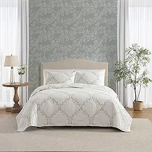 Laura Ashley - Full/Queen Quilt Set, Super Soft & Breathable Embroidered Bedding with Matching Sham(s), Floral Home Decor (Floral Embroidery Blue, Full/Queen)